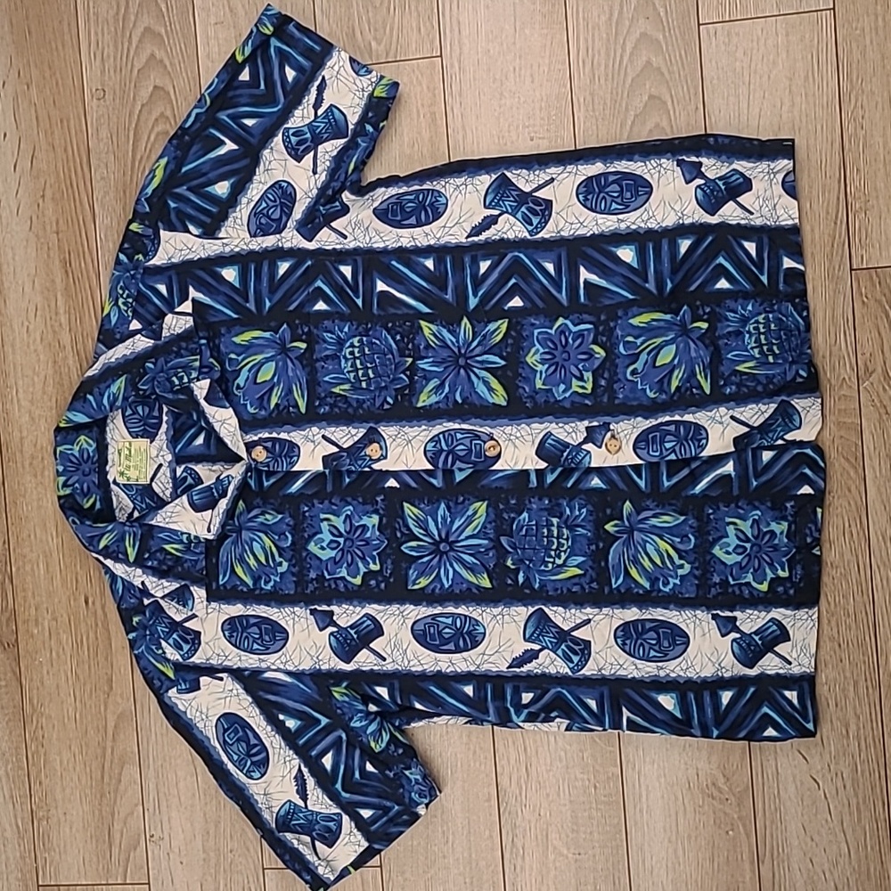 1950s UI-MAIKAI Blue White Green Abstract Tiki Pattern M Hawaiian Shirt VTG RARE